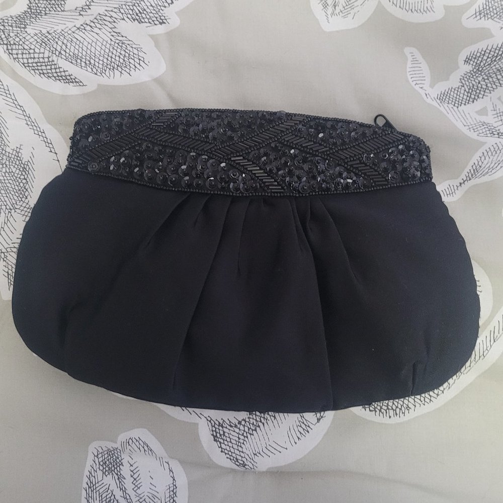 Black Beaded Fabric Evening Bag Clutch